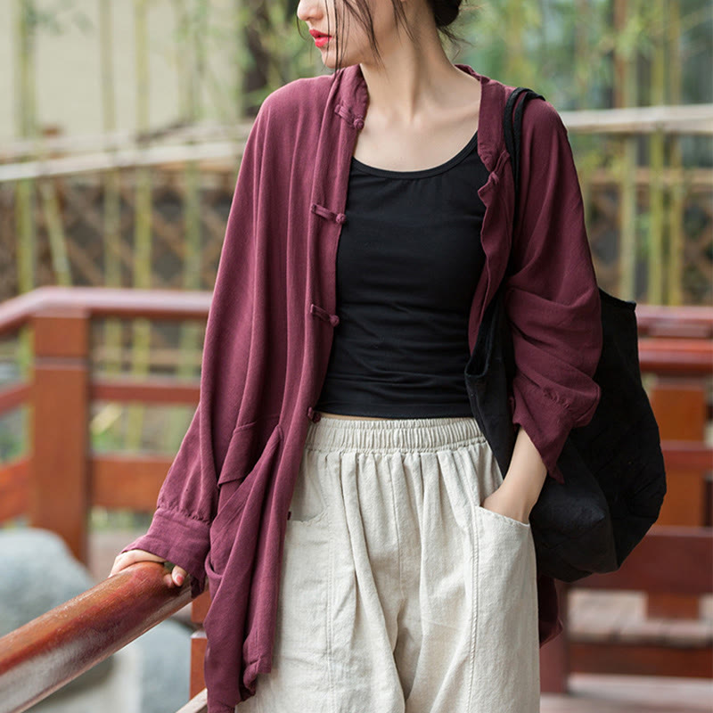 Frog-Button Long Sleeve Zen Meditation Open Front Jacket With Pockets