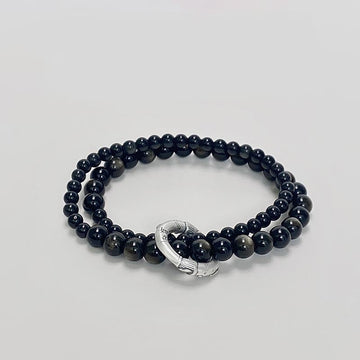 999 Sterling Silver Black Obsidian Fulfillment Strength Double Layer Bracelet