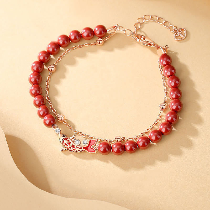 Polished 925 Sterling Silver Koi Fish Charm Bracelet with Cinnabar and Zircon Double Layer Chain
