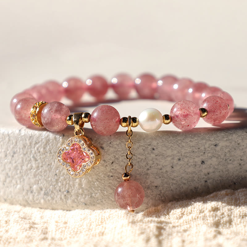 Strawberry Quartz Pearl Four Leaf Clover Charm Healing Bracelet