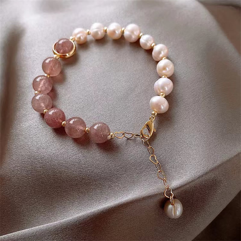 Natural Strawberry Quartz and Pearl Love Positive Chain Bracelet