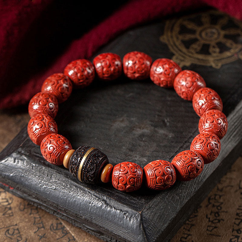 Natural Cinnabar & Ebony Wood Beaded Bracelet for Mindful Centering