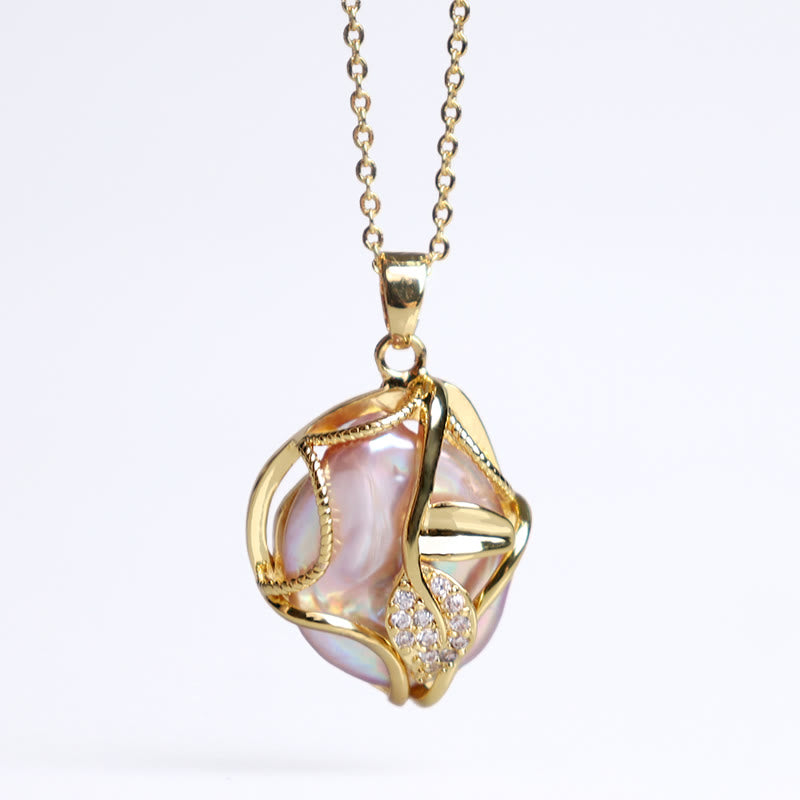 18K Gold Plated Copper Natural Baroque Pearl Flower Sincerity Necklace Pendant