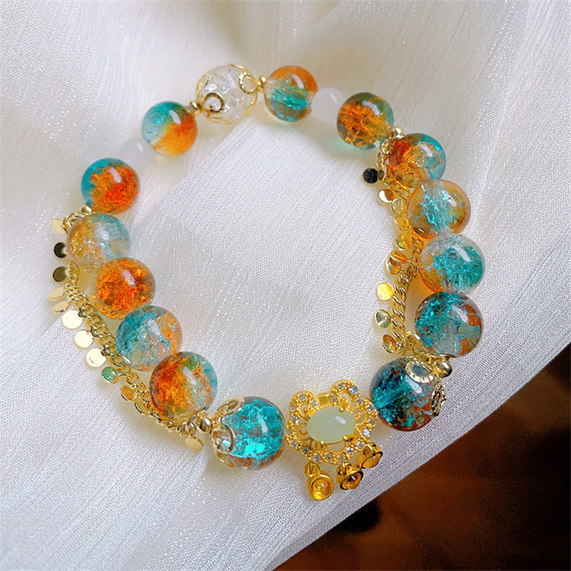 Colorful Liuli Glass Bead Chinese Lock Charm Fortune Bracelet