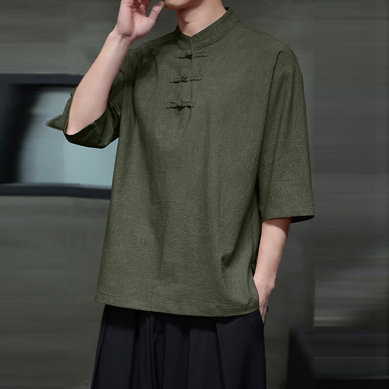 Cotton Linen Half-Sleeve Stand Collar Meditation Shirt