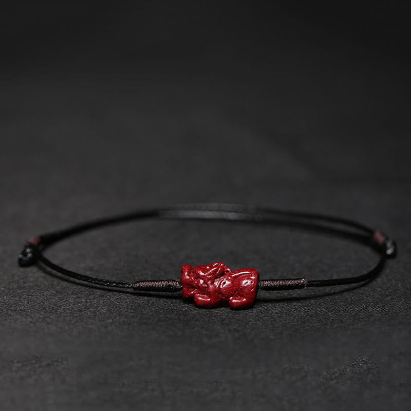 Handmade Cinnabar Braided Red String Bracelet with Carved Symbolic Charms