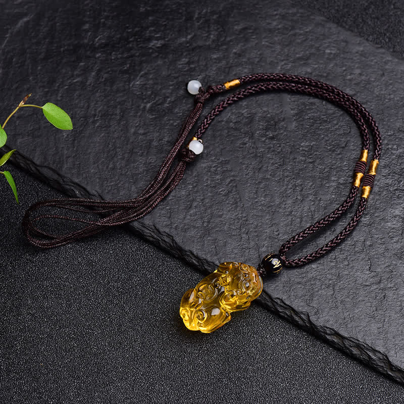 Natural Citrine Pixiu Hand-Carved Unisex Pendant Necklace