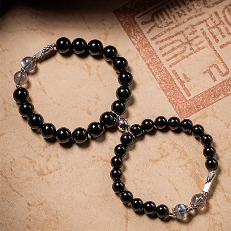 925 Sterling Silver Black Obsidian and Moonstone Beaded Couple Bracelet Set