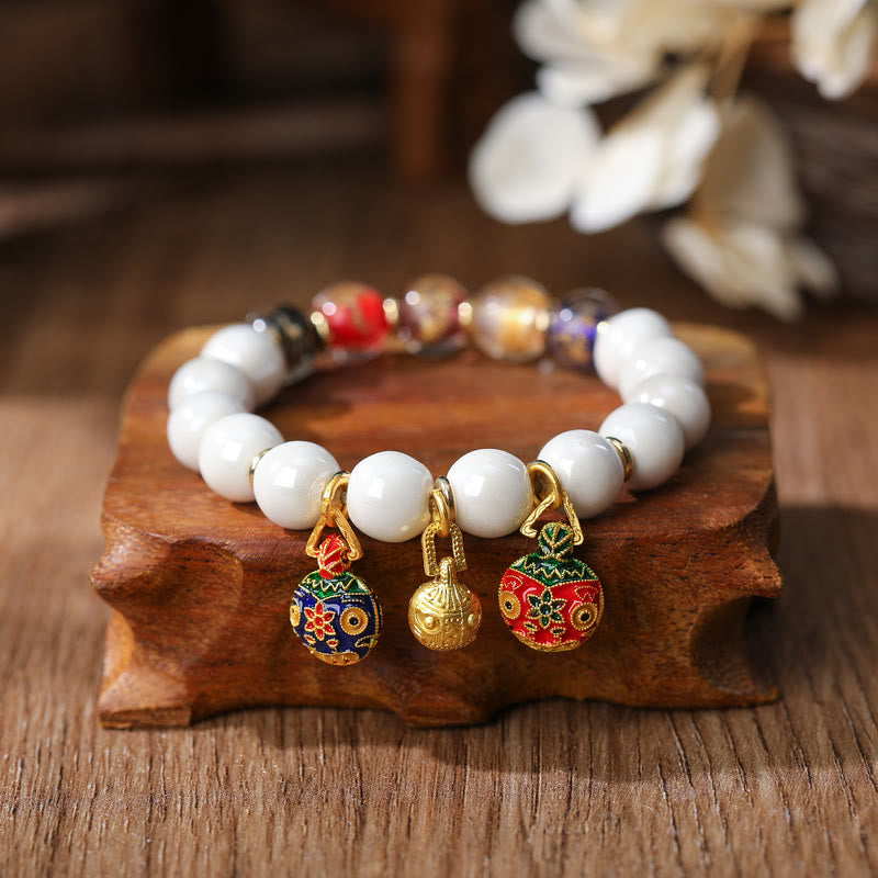 Gold Swallowing Beast Family Charm Liuli Glass Colorful Porcelain Bead Luck Bracelet