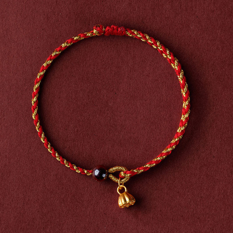 Handcrafted Red Gold Rope Lotus Peace And Joy Charm Braid Bracelet