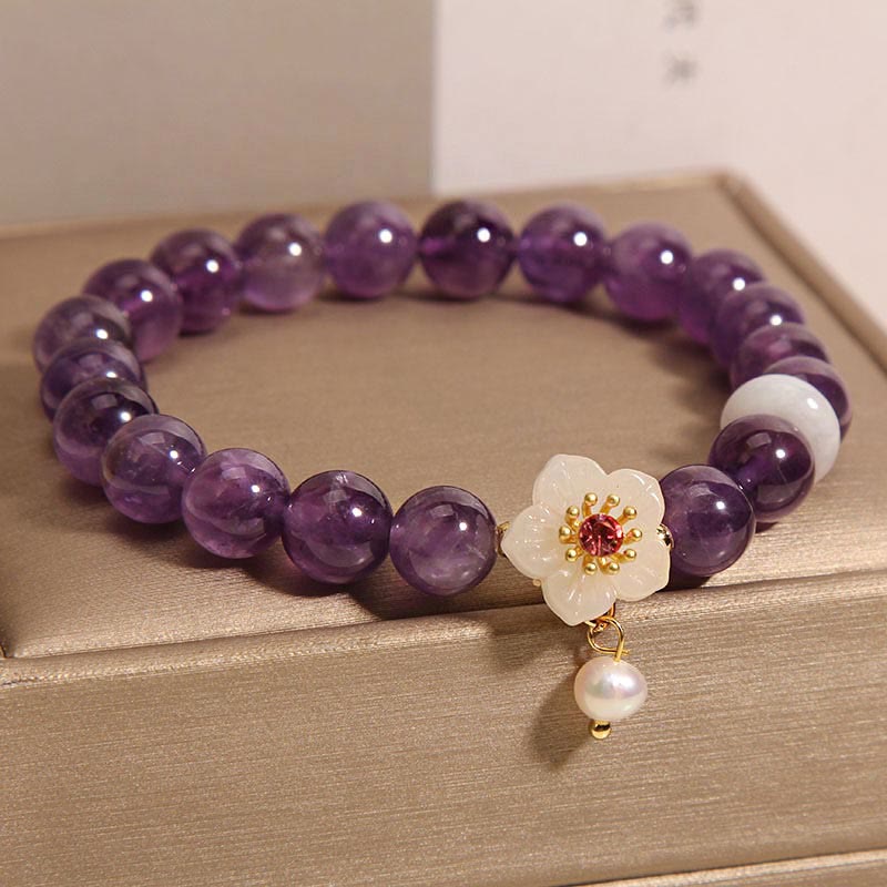 Natural Amethyst, White Agate & Pearl Charm Balance Bracelet (14-17cm)