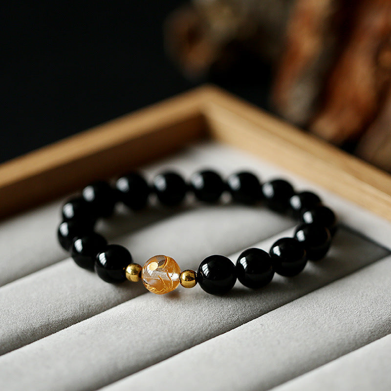 Natural Black Obsidian White Crystal Black Onyx Dragon Strength Bracelet