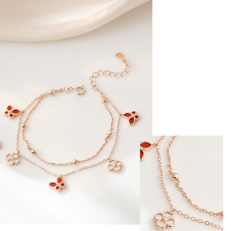 925 Sterling Silver Red Agate Tridacna Stone Butterfly Four Leaf Clover Calm Bracelet Necklace Pendant Set