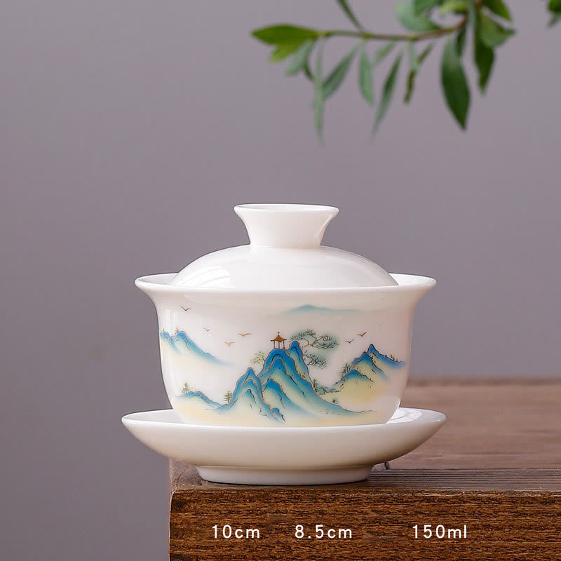 White Porcelain Mountain Landscape Countryside Ceramic Gaiwan Teacup Kung Fu Tea Cup And Saucer With Lid