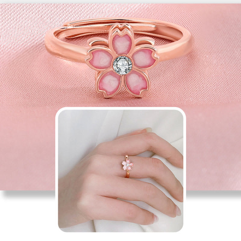 925 Sterling Silver Cherry Blossom Blessing Chain Bracelet Rotatable Ring