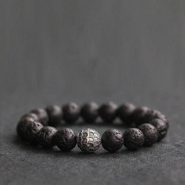 Textured Copper Fish Scale and Volcanic Lava Stone Beaded Bracelet