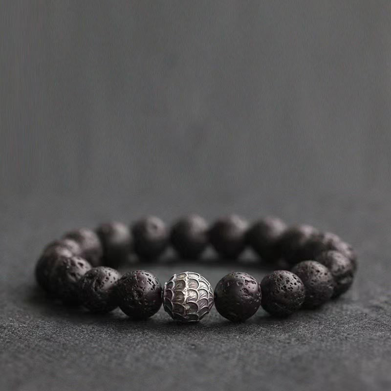 Textured Copper Fish Scale and Volcanic Lava Stone Beaded Bracelet