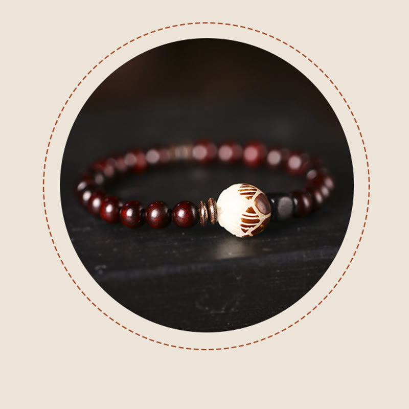 Carved Red Sandalwood and Lotus Bodhi Seed Double Wrap Bracelet
