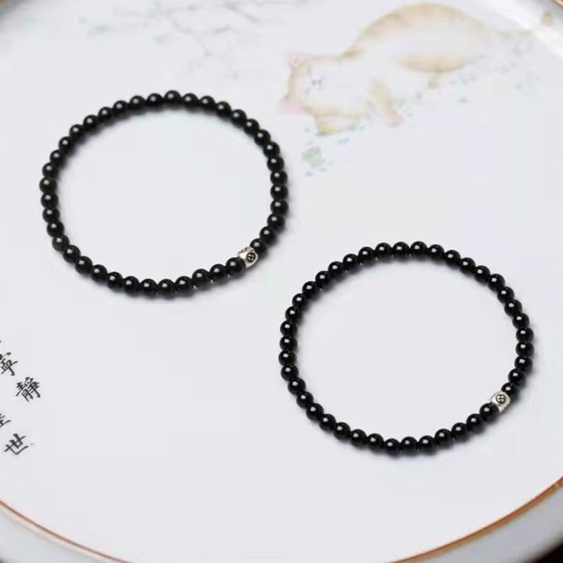 Minimalist Natural Black Obsidian and Smoky Quartz Beaded Energy Bracelet