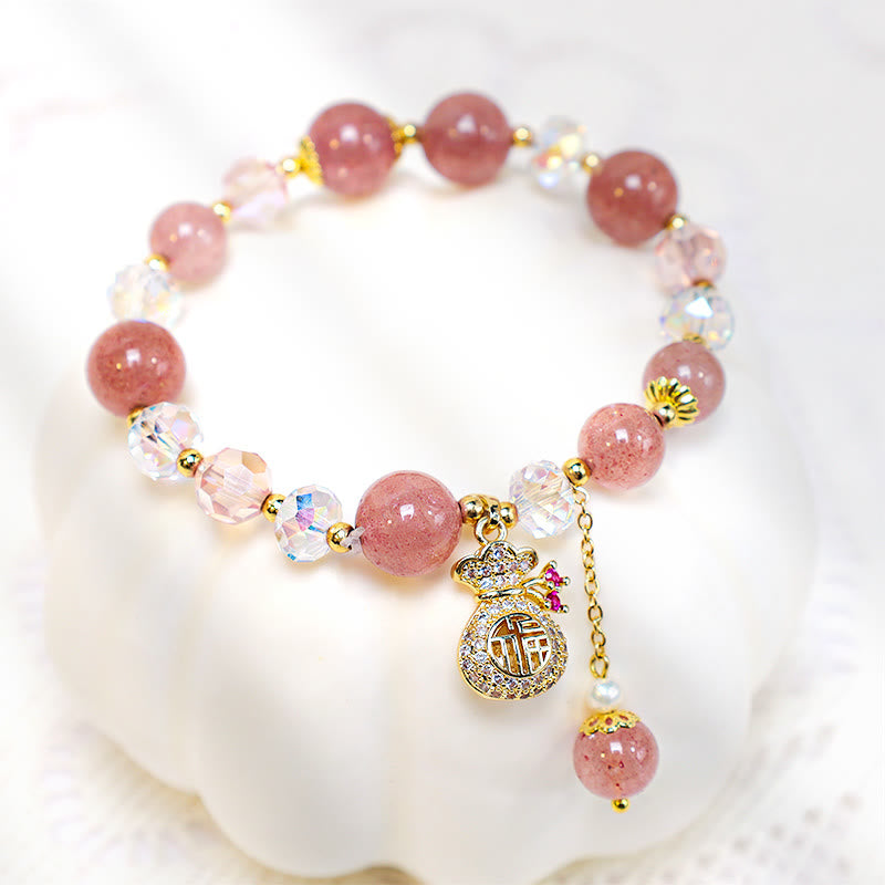 Natural Strawberry Quartz Crystal Beaded Bracelet with Carved Money Bag Charm