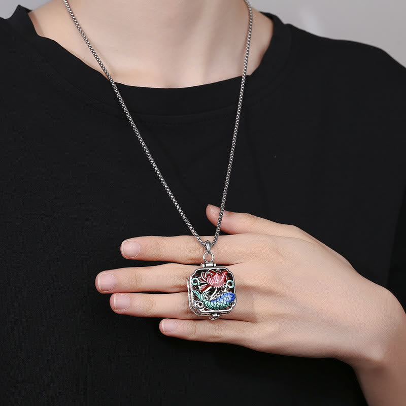 Koi Fish Lotus Copper Coins Luck Ghau Prayer Box Necklace Pendant