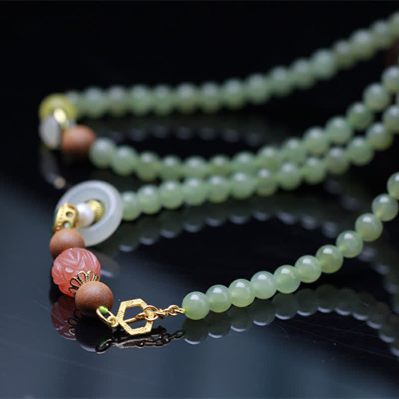 Natural Hetian Jade and Amber Lotus Beaded Red Agate Energy Bracelet