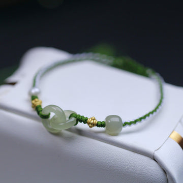925 Sterling Silver Hetian Jade Double Peace Buckle Luck Braided Bracelet