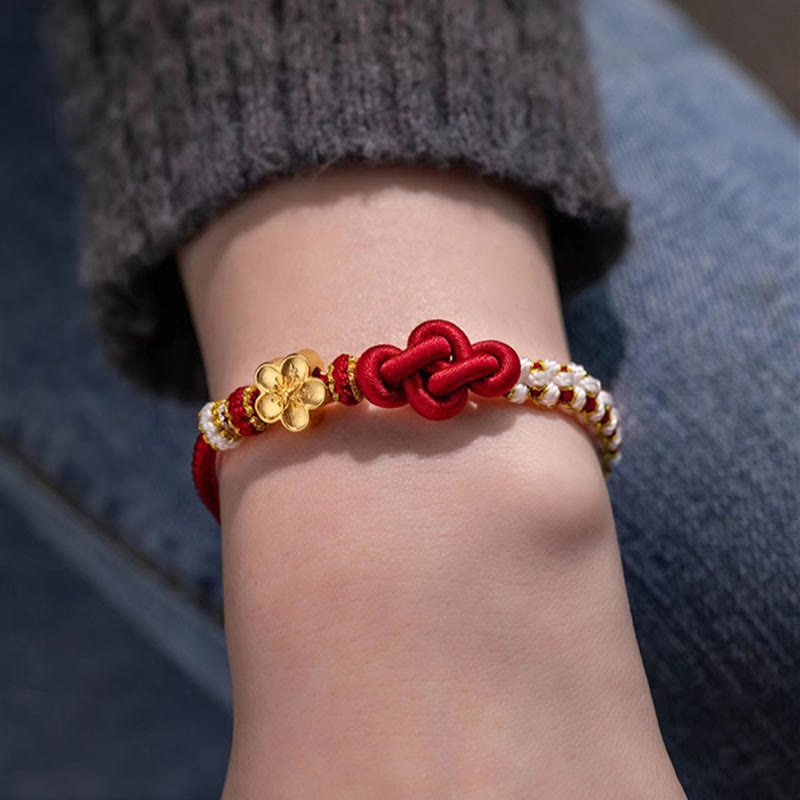 Hand-Braided Red String Bracelet with Copper Endless Knot & Peach Blossom Charm