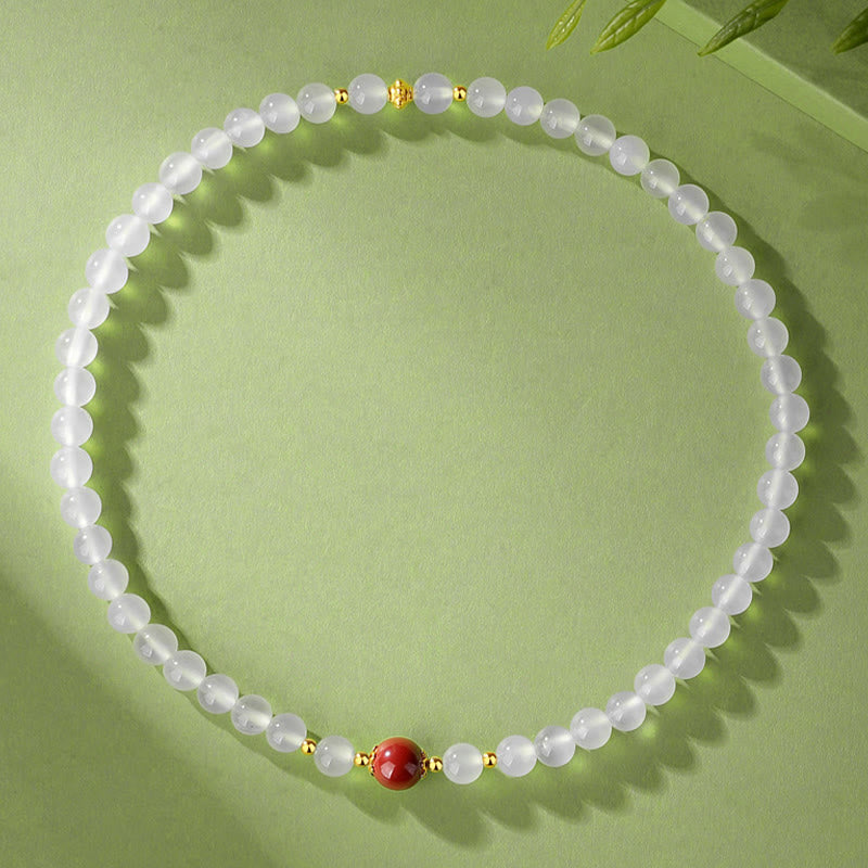 Natural White Agate and Cinnabar 925 Sterling Silver Double Wrap Bracelet