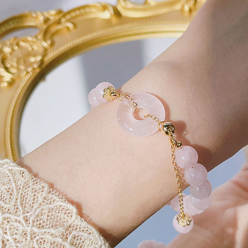 Natural Rose Quartz Beaded Bracelet with Ping An Kou Peace Buckle Charm