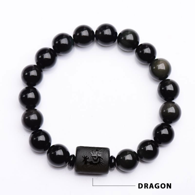 Carved Black Obsidian Dragon and Phoenix Beaded Energy Bracelet