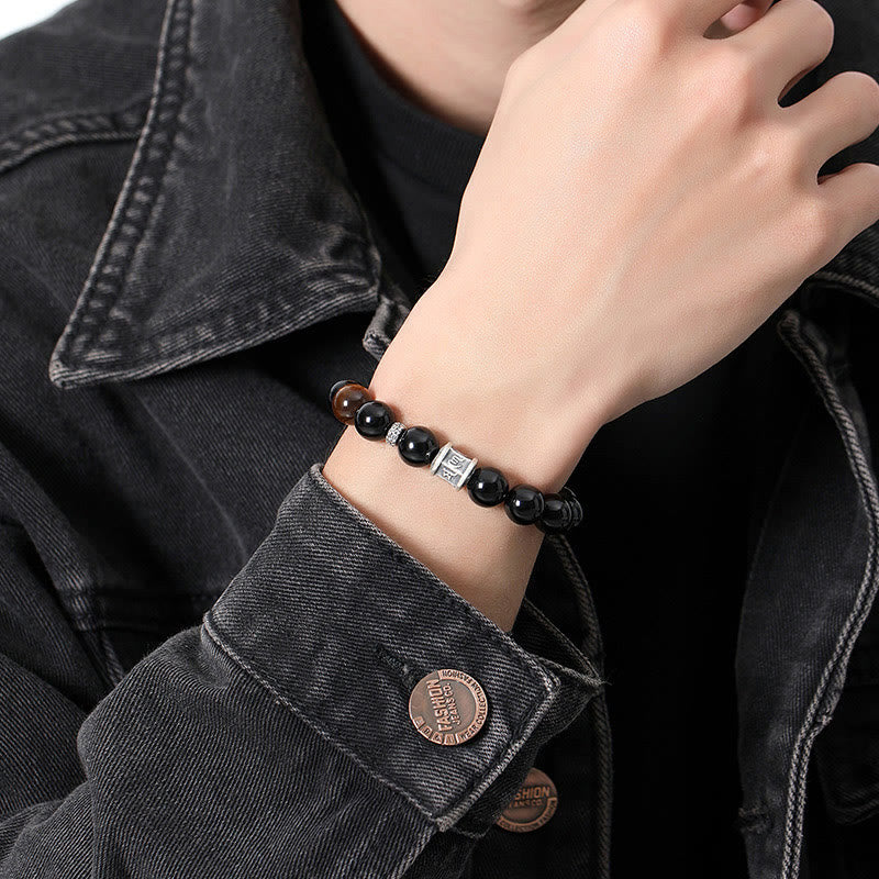 999 Fine Silver Om Mani Padme Hum Mantra Black Obsidian & Tiger Eye Beaded Bracelet
