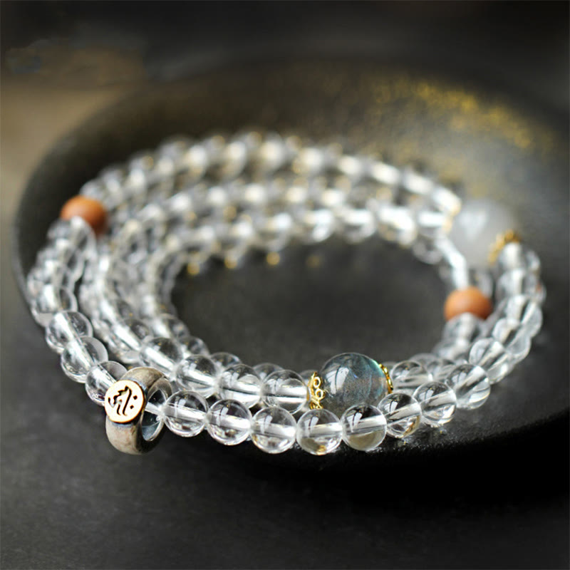 925 Sterling Silver Chinese Zodiac Natal Buddha White Crystal Meditation Triple Wrap Bracelet