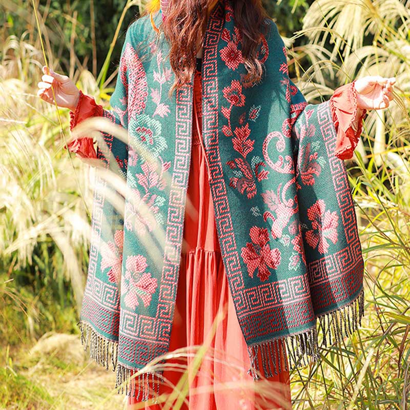 Tibetan Flowers Leaves Pattern Design Shawl Cozy Travel Scarf Wrap