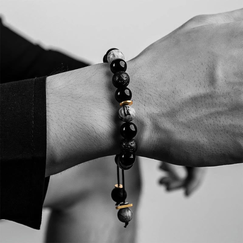 Natural Black Obsidian and Lava Rock Yin Yang Beaded Balance Bracelet