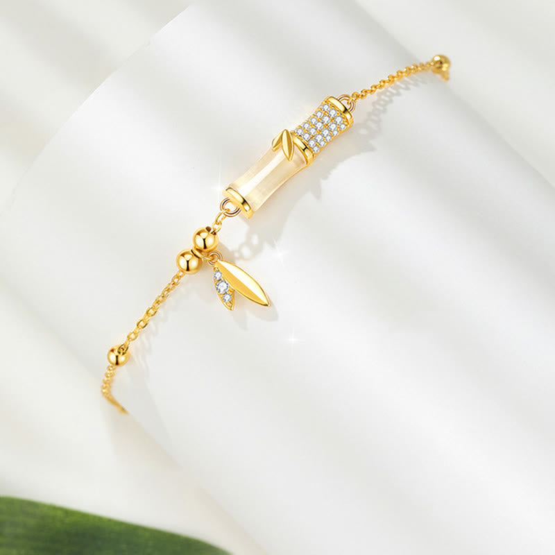 925 Sterling Silver 18K Gold Plated White Jade Bamboo Zircon Leaf Luck Bracelet