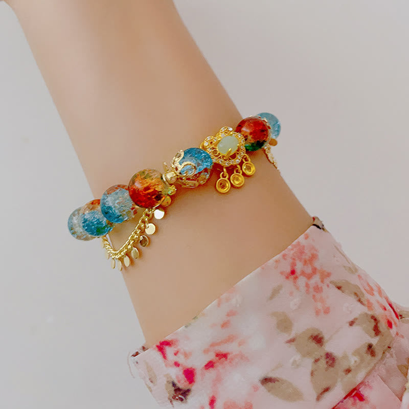 Colorful Liuli Glass Bead Chinese Lock Charm Fortune Bracelet