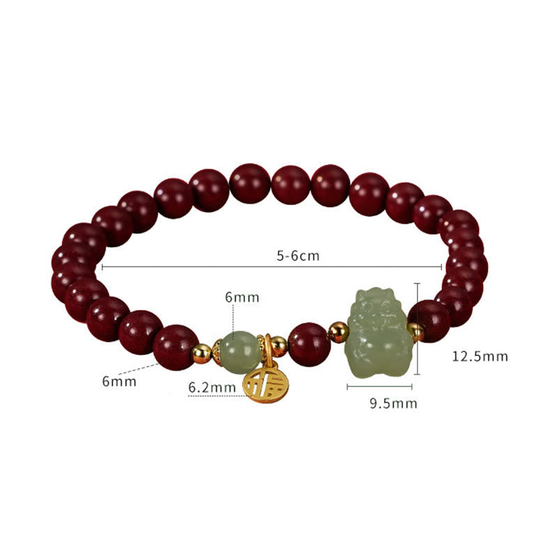 925 Sterling Silver Year of the Dragon Natural Cinnabar Hetian Jade Dragon Fu Character Ruyi As One Wishes Charm Blessing Bracelet