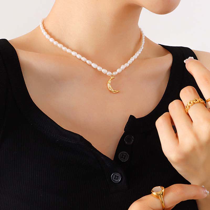 Pearl Crescent Moon Calm Necklace Pendant (Extra 35% Off | USE CODE: FS35)