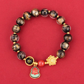 Tibetan Om Mani Padme Hum Lotus & Wu Lou Gourd Copper Charm Liuli Glass Beaded Bracelet