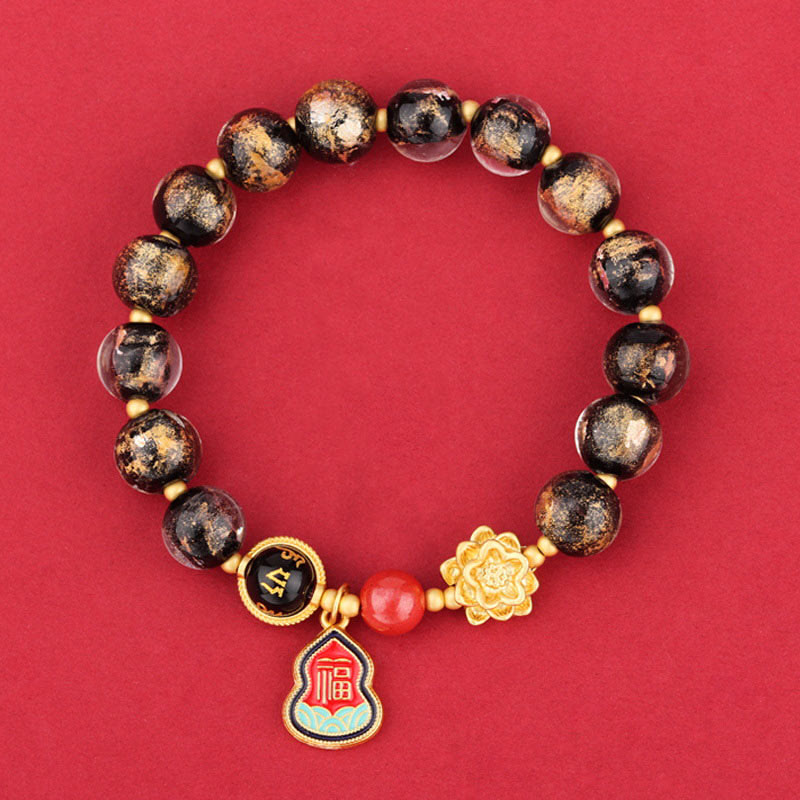 Tibetan Om Mani Padme Hum Lotus & Wu Lou Gourd Copper Charm Liuli Glass Beaded Bracelet