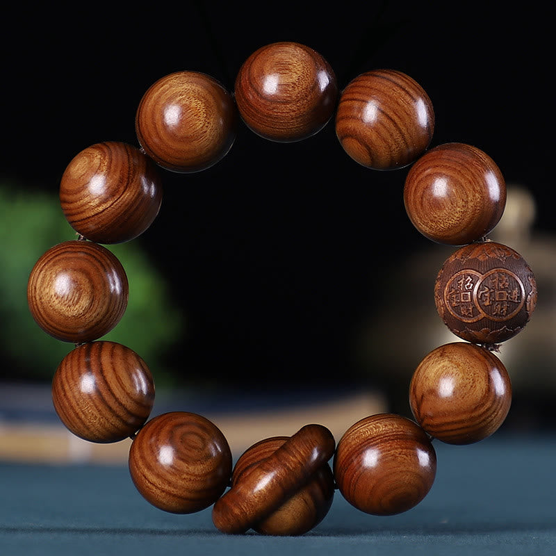 Chinese Zodiac Rosewood Green Sandalwood Ebony Wood Copper Coin Carved Calm Bracelet