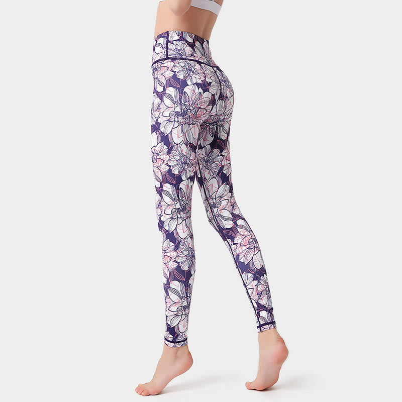 Colorful Flower Petal Leaves Print Sports Exercise Fitness High Waist Leggings Women's Yoga Pants