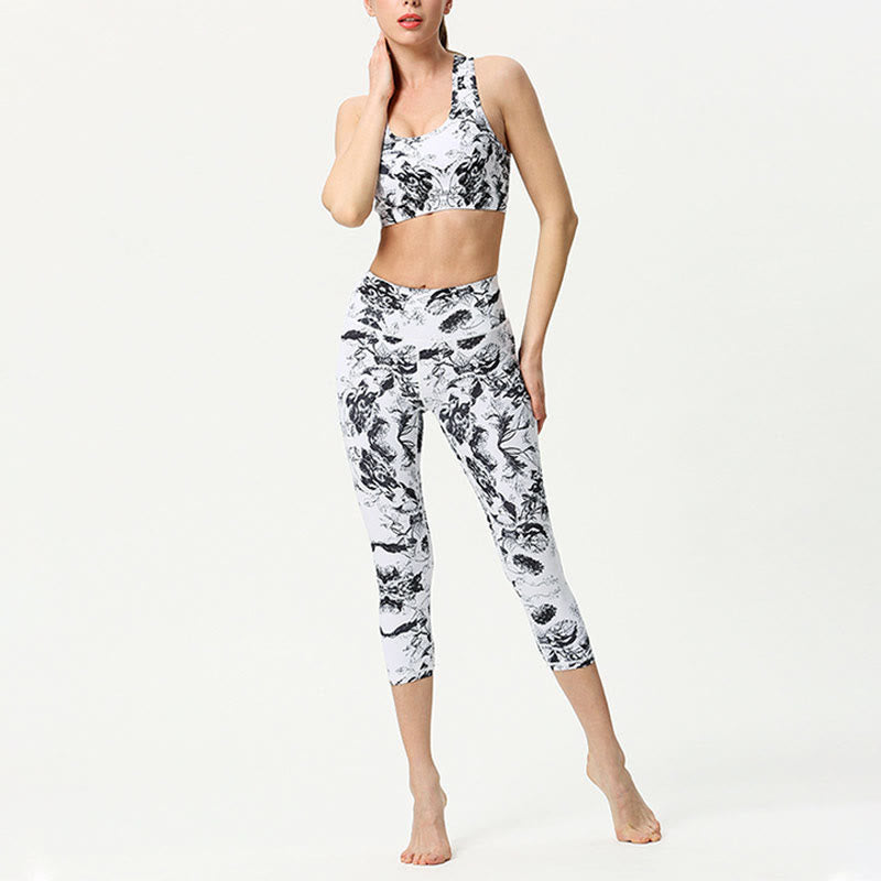 Leaves Butterfly Print Sports Yoga Cropped Leggings Women's Yoga Capri Pants