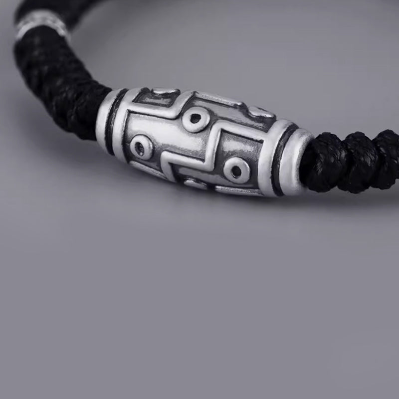 999 Sterling Silver Nine-Eye Dzi Bead Pattern Blessing Rope Bracelet