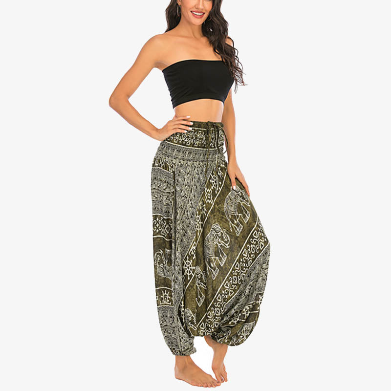 Two Style Wear Elephant Pattern Loose Smocked Harem Trousers Jumpsuit Women's Yoga Pants