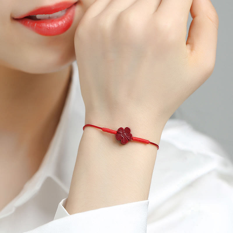 Handmade Cinnabar Braided Red String Bracelet with Carved Symbolic Charms
