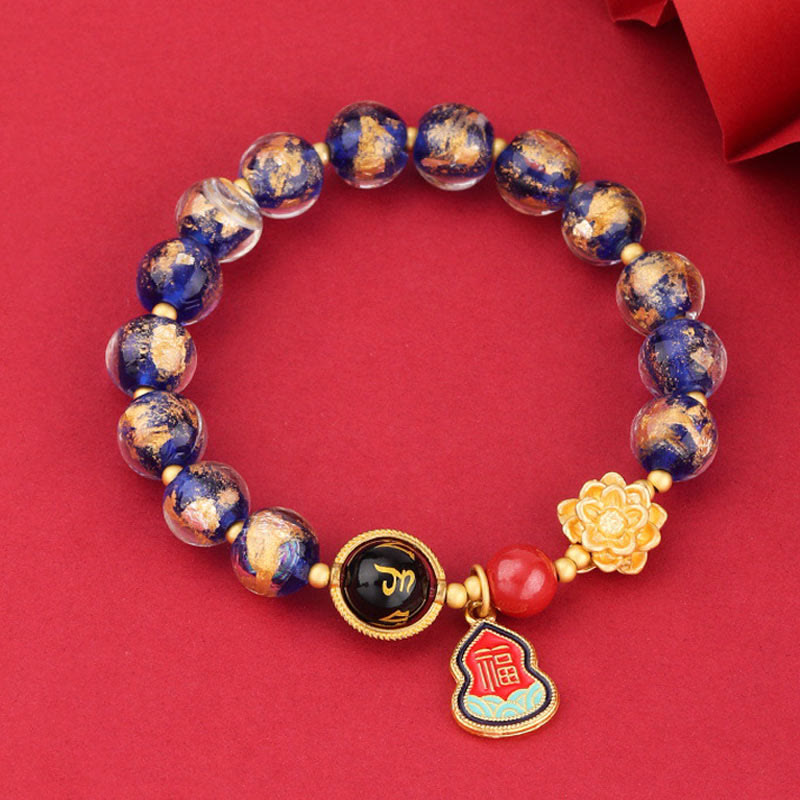 Tibetan Om Mani Padme Hum Lotus & Wu Lou Gourd Copper Charm Liuli Glass Beaded Bracelet