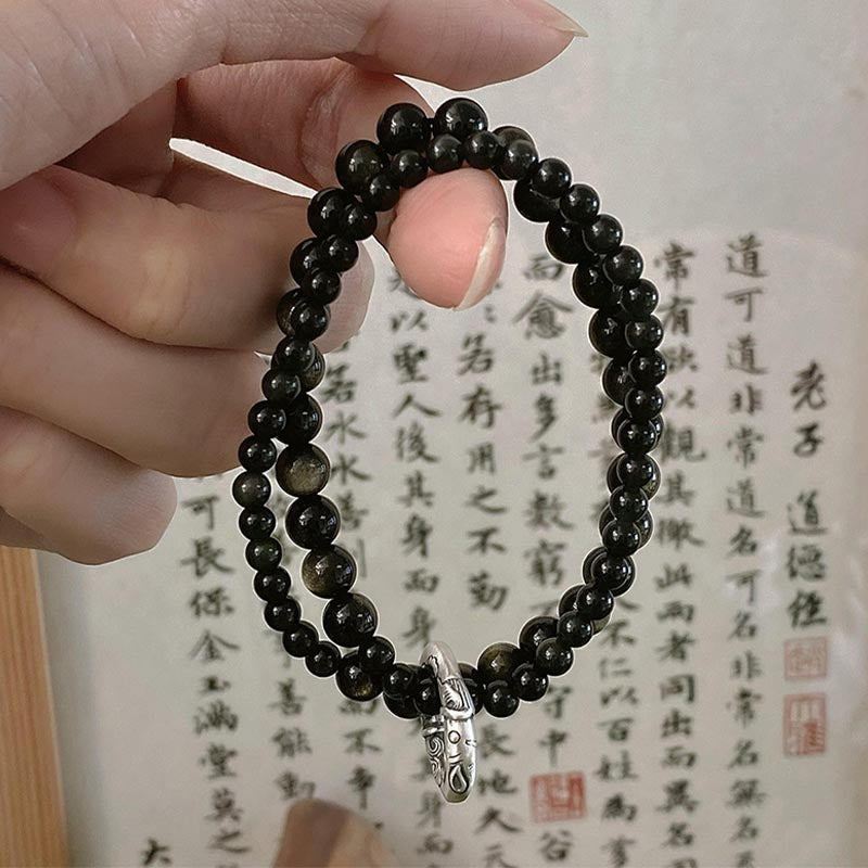 999 Sterling Silver Black Obsidian Fulfillment Strength Double Layer Bracelet