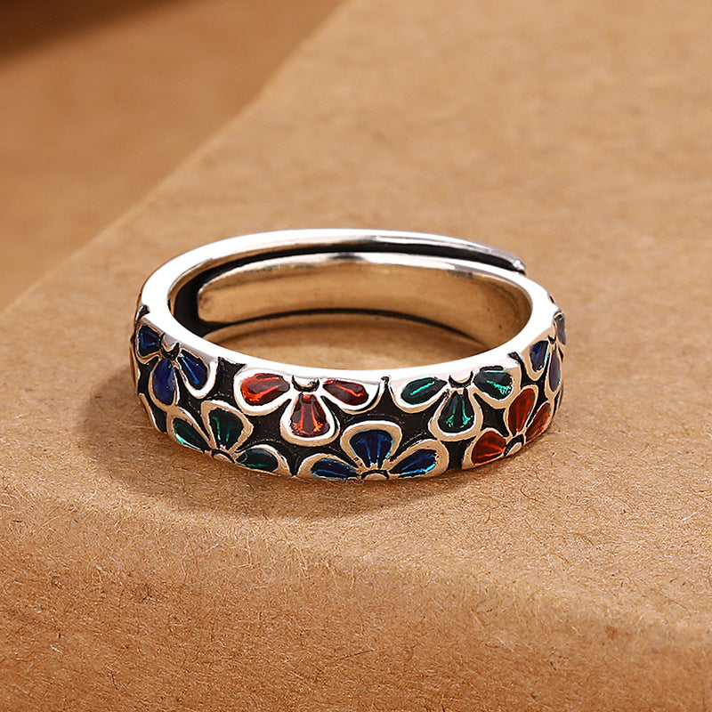 Colorful Plum Blossoms Design Healing Copper Adjustable Ring